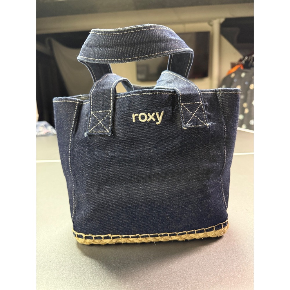 Roxy Denim Mini Tote Bag Dark Wash Espadrille Jute Base Small Handbag Blue